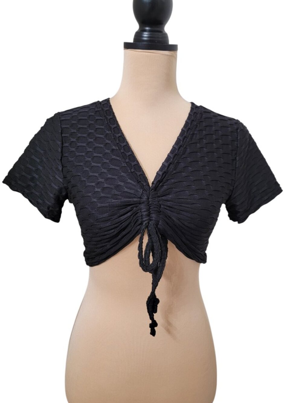 Roma Concept Size S Black Textured Crop Top with Ruched / Tied Center.